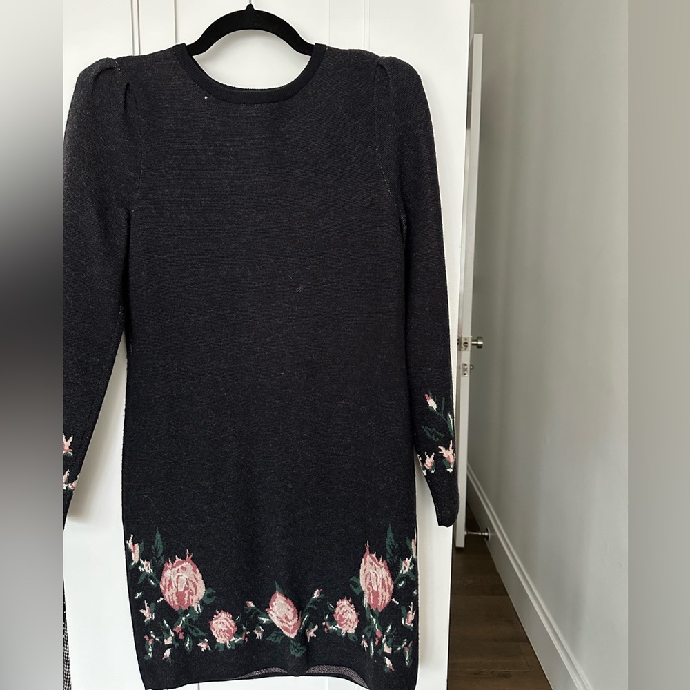 Club Monaco navy sweater dress with flower detail; size XS